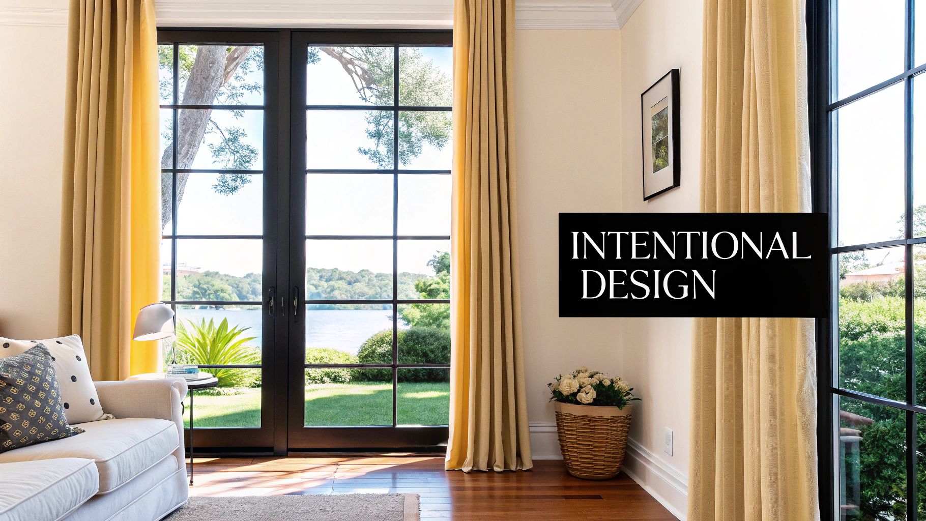 A beautifully arranged living room with long, elegant curtains framing a large window, demonstrating the impact of proper measurements.