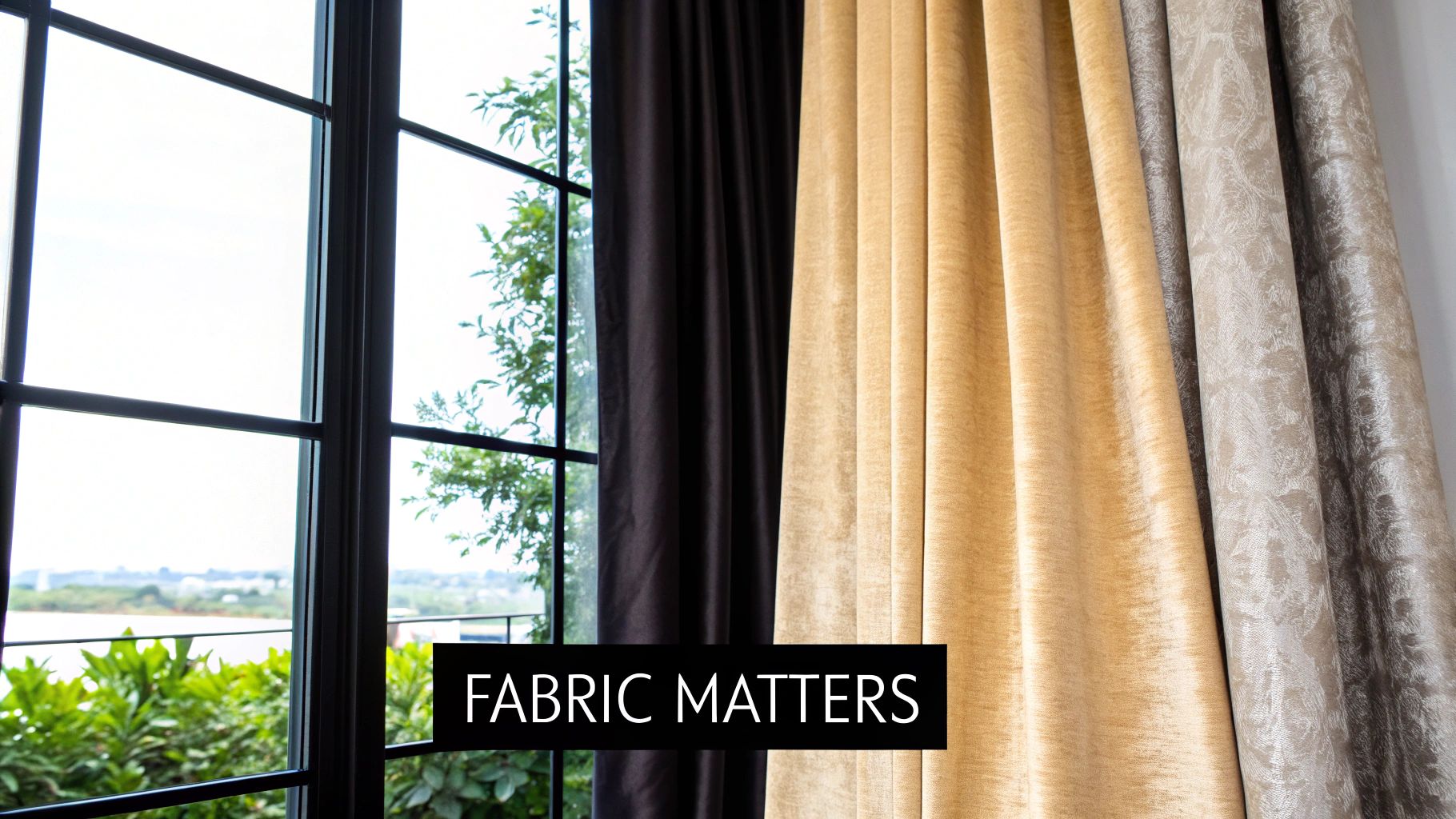A close-up shot of heavy velvet curtains in a deep blue, showing their rich texture and elegant drape.