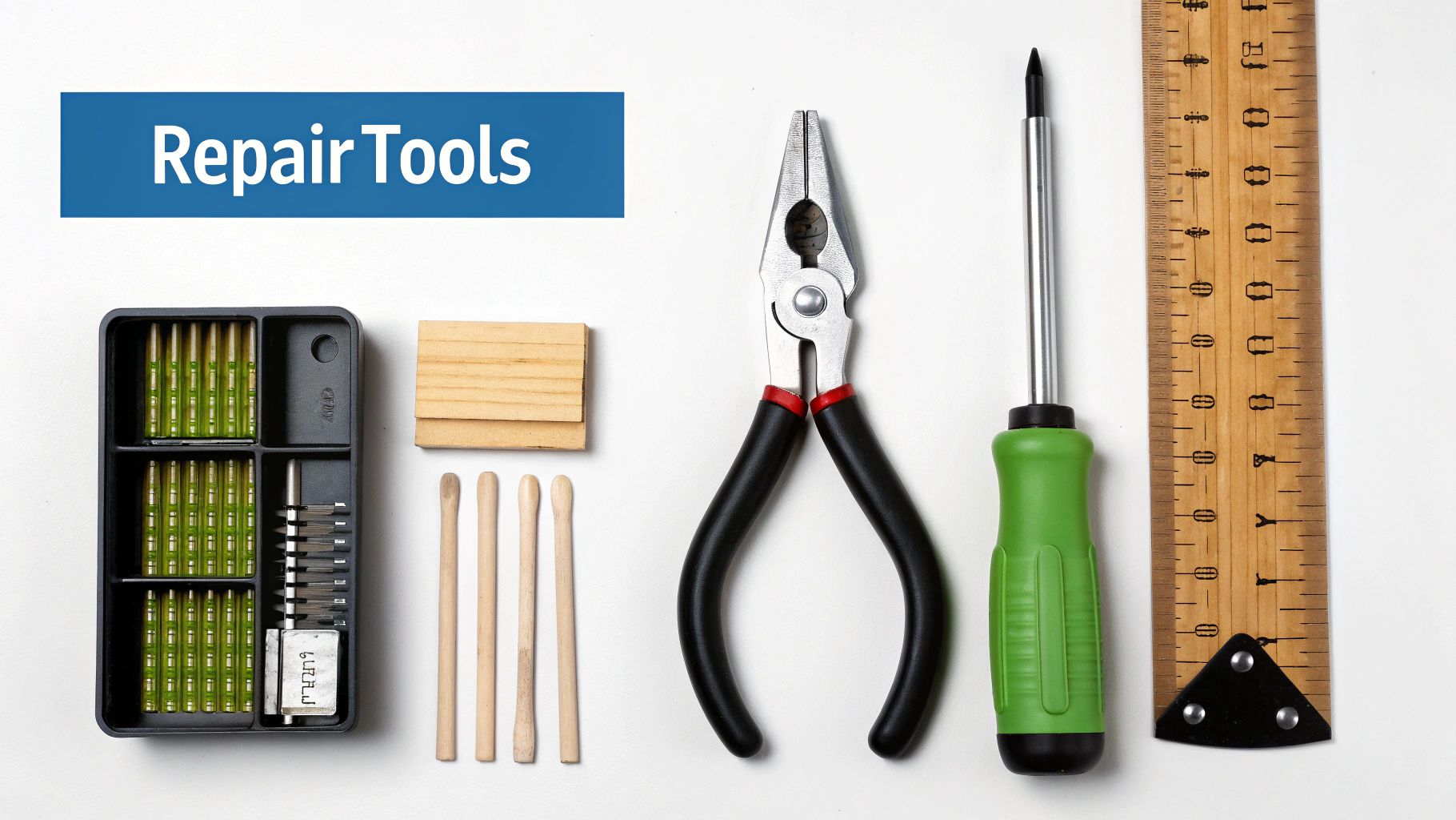 A flat lay of various repair tools, including pliers, screwdriver, bits, and a ruler on white.