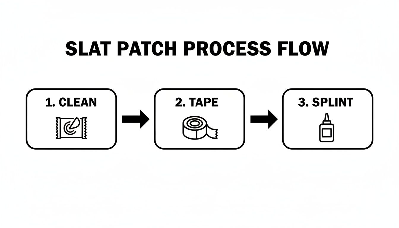 Flowchart outlining the three-step slat patch repair process: clean, tape, and splint with icons.