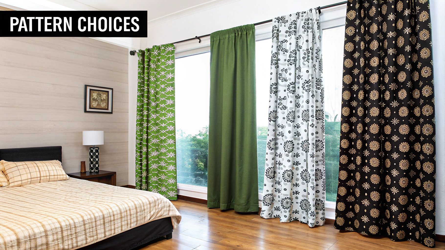 A living room with big windows curtains hung high and wide to frame the view perfectly.