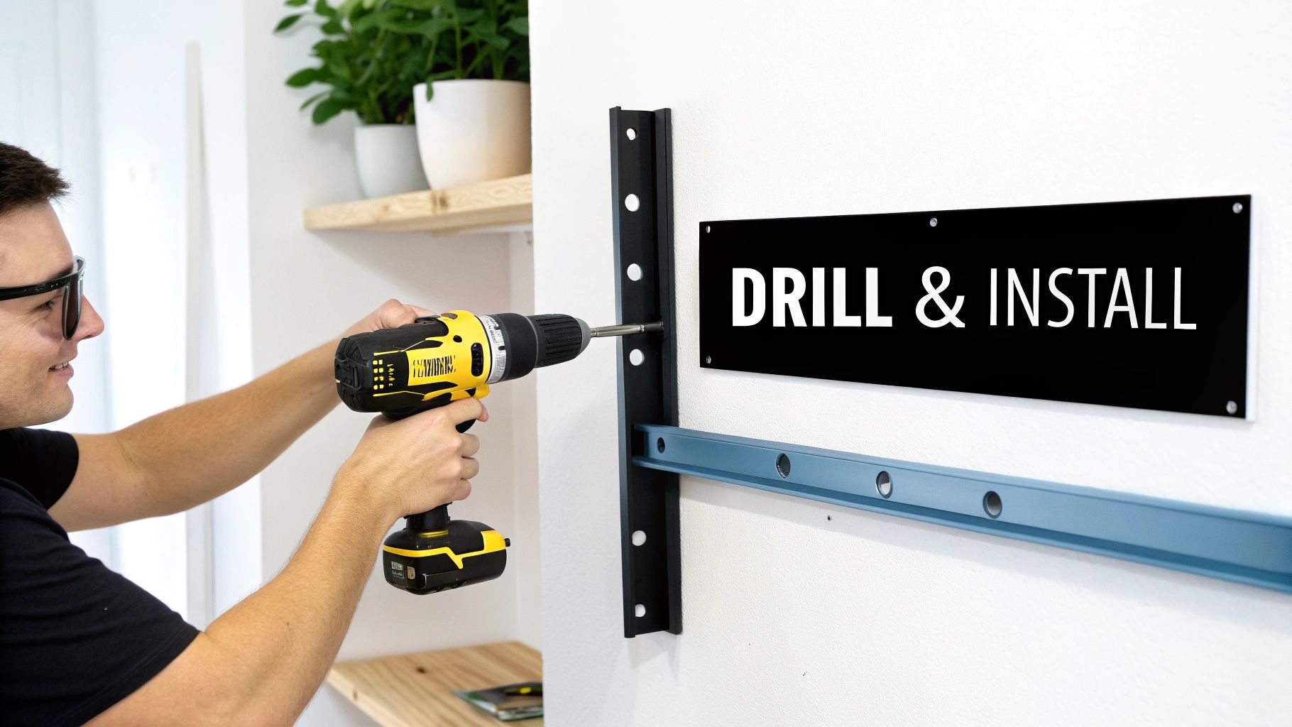 A man uses a power drill to install a black metal bracket on a white wall.