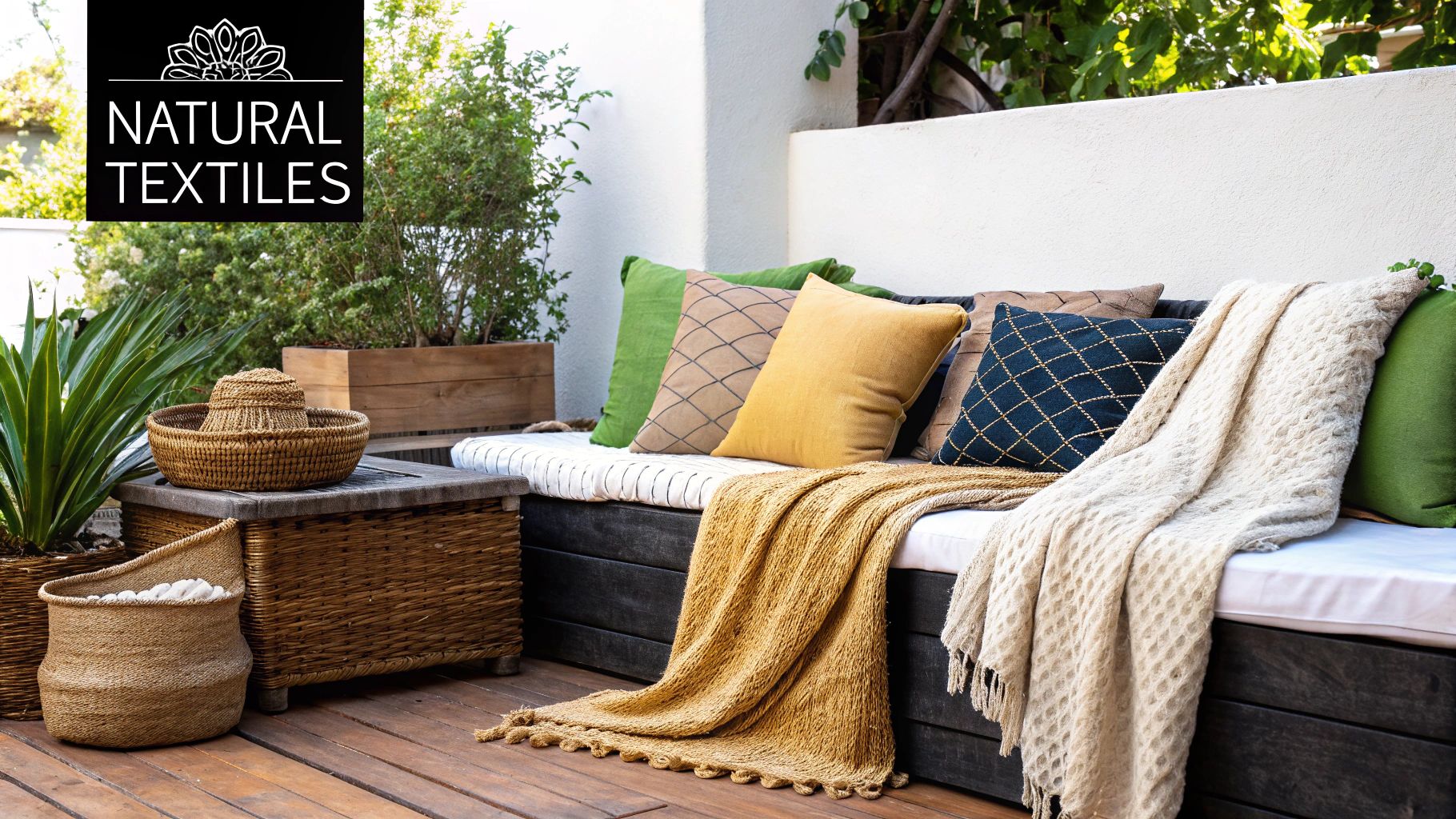 A cozy bedroom featuring sustainable materials, including a reclaimed wood headboard, organic linen bedding, and a jute rug on the floor.