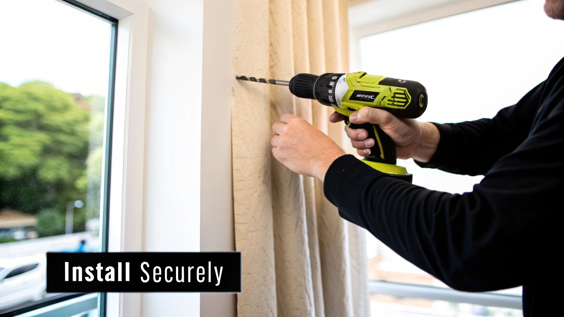 Person drilling into a wall beside a window with a green drill to install curtains securely.