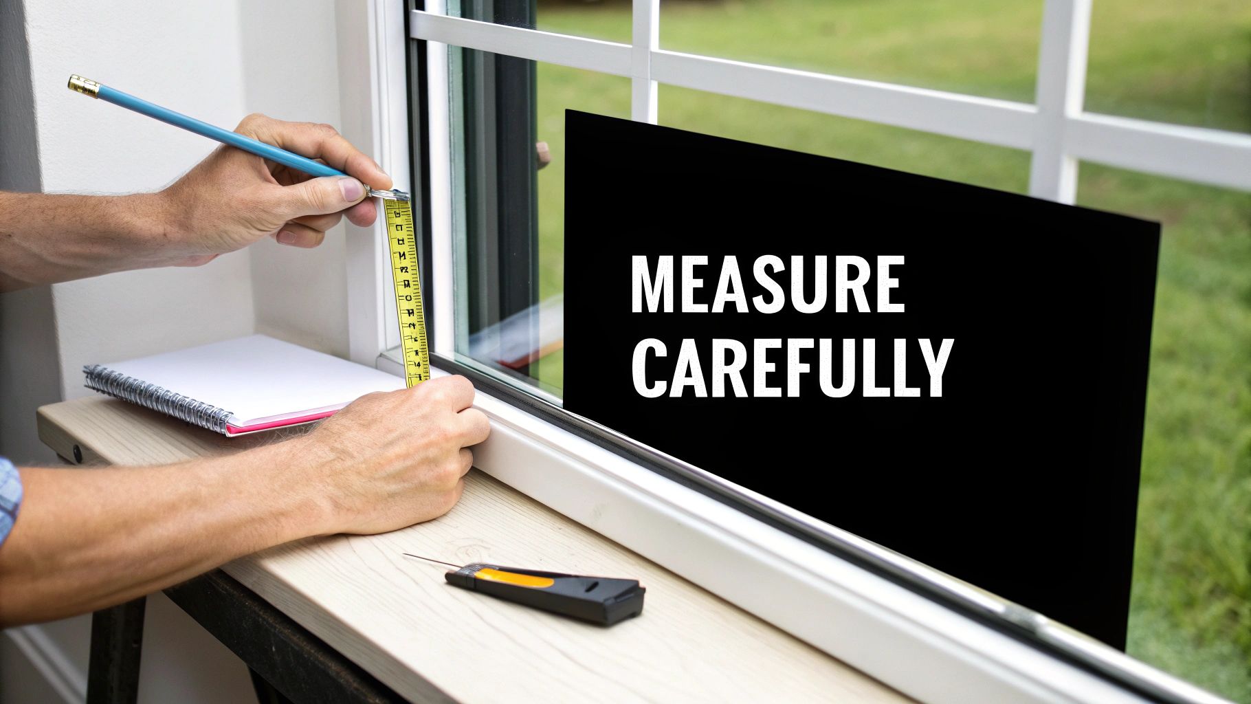 A person using a metal tape measure on a window frame, with a notepad and pencil nearby.