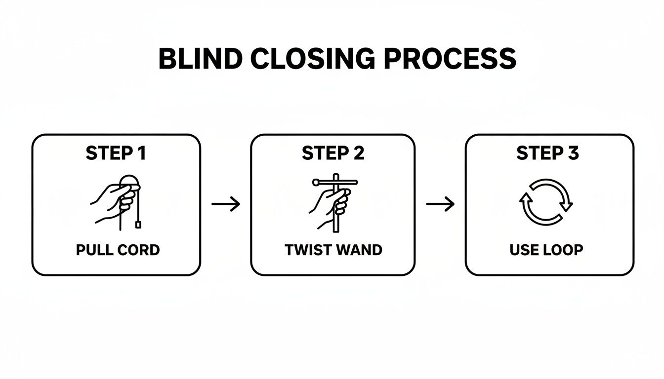 A three-step visual guide demonstrating the process of closing blinds: pull cord, twist wand, use loop.