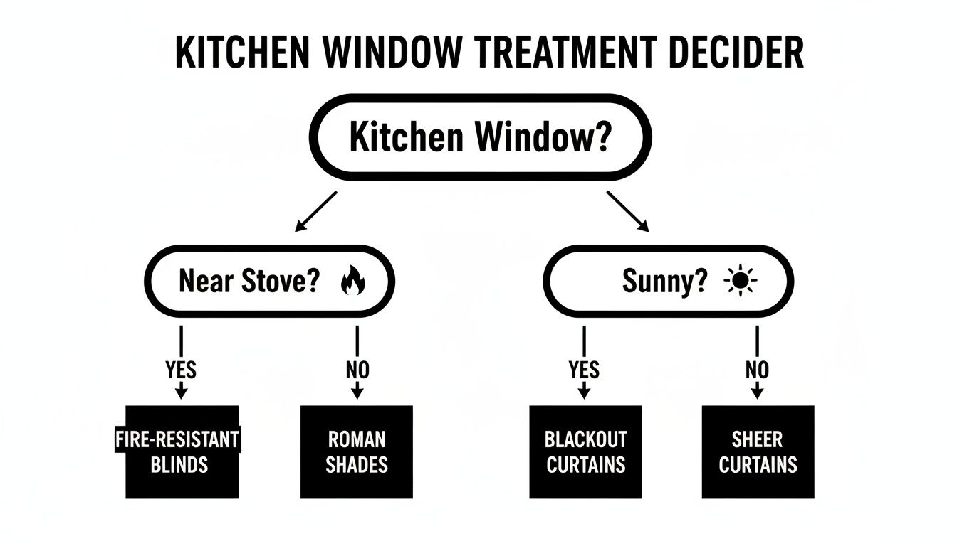 Flowchart guiding kitchen window treatment selection based on stove proximity or sunlight conditions.