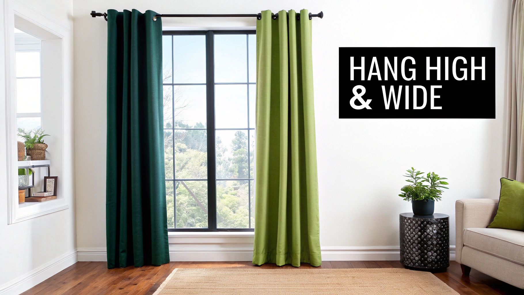 Two green curtains hung high and wide around a large window, demonstrating the proper way to hang curtains.