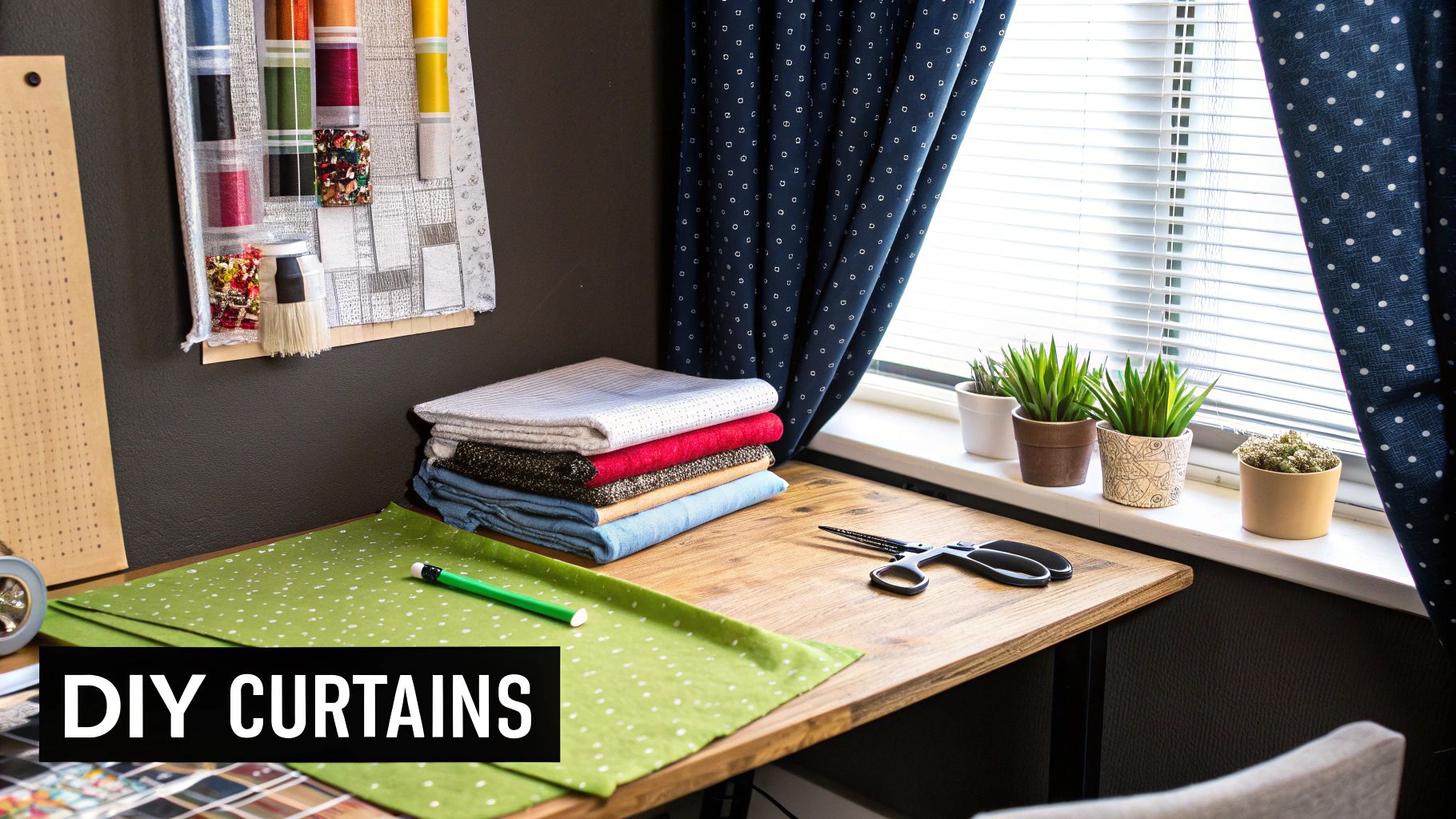 A modern living room with gray curtains hung high and wide, showing a stylish window treatment.