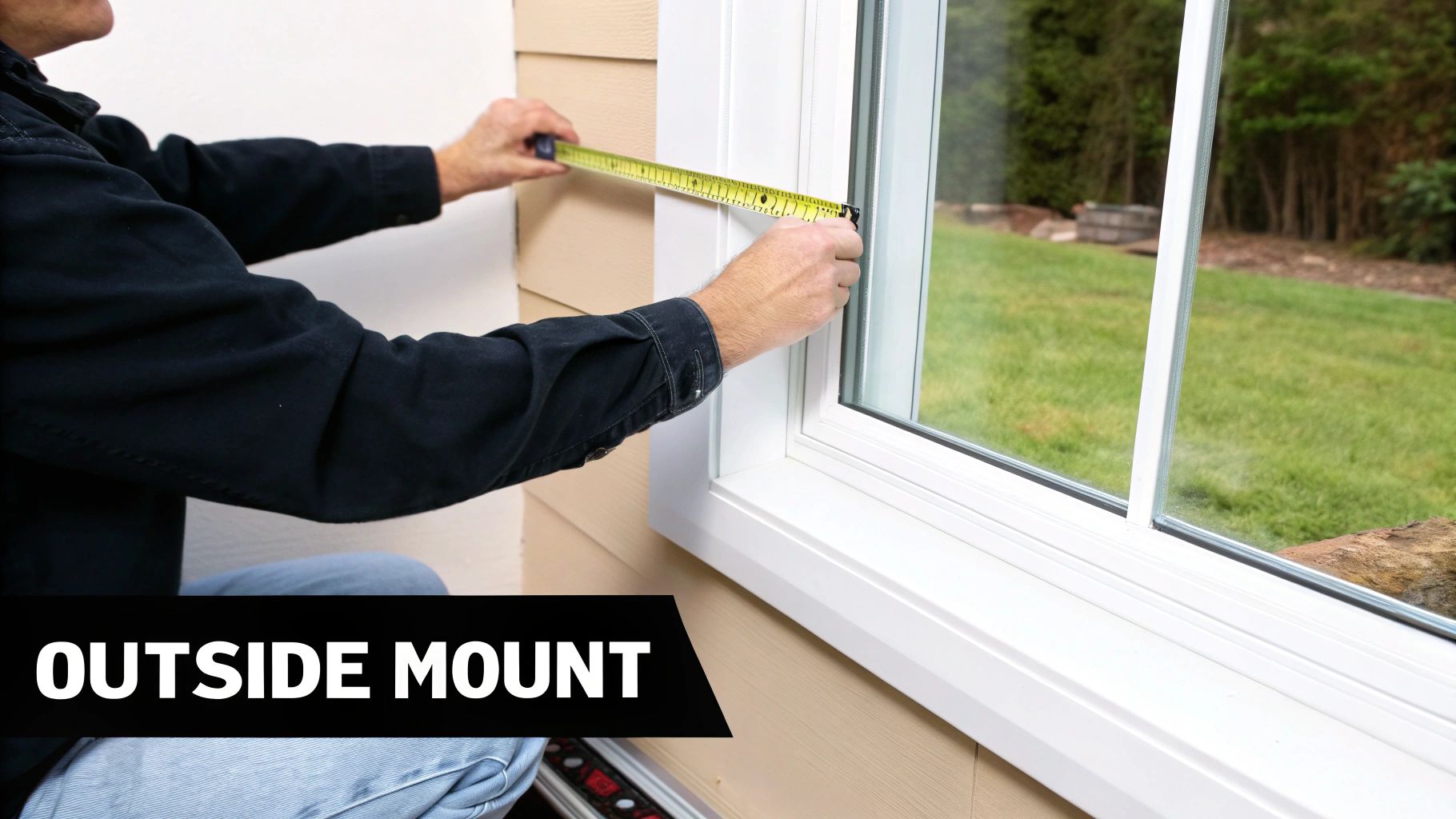 Person measuring a window frame from the outside with a tape measure for an outside mount.