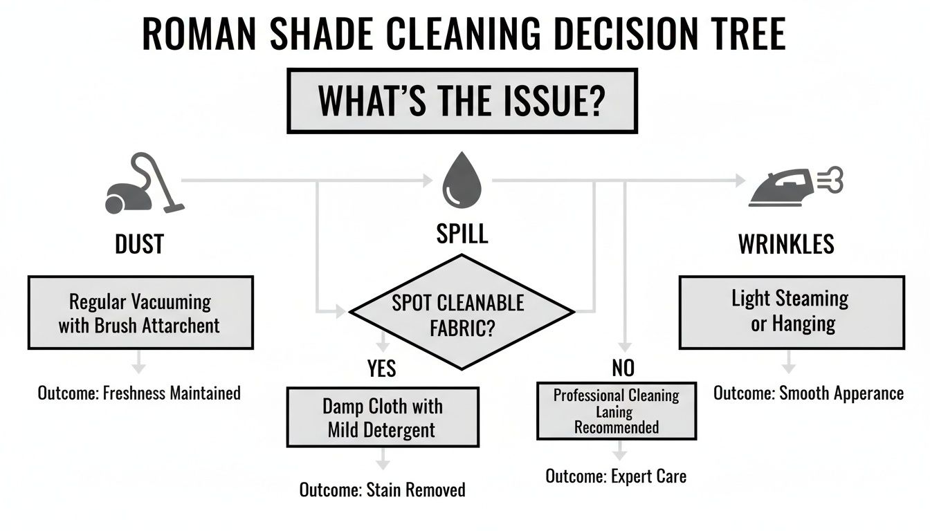 A Roman shade cleaning decision tree providing steps for dust, spills, and wrinkles.