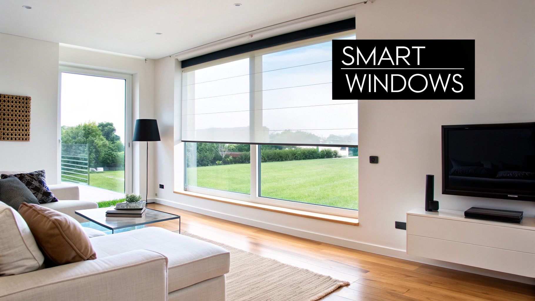 A modern living room featuring large windows with smart motorized shades overlooking a green garden.