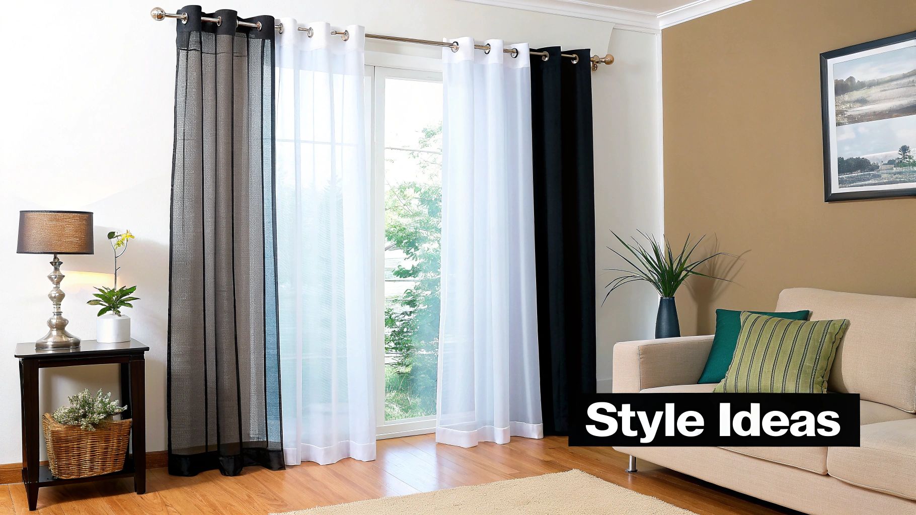 Modern living room decor with contrasting black and white grommet curtains by a window.