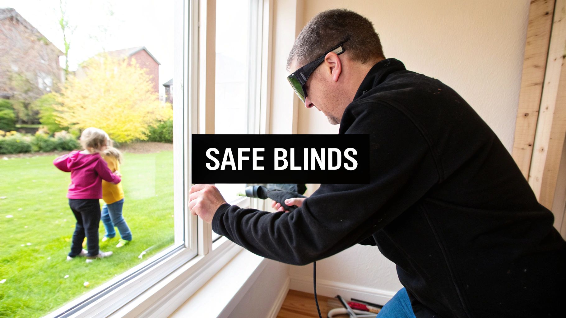 A man wearing safety glasses installs safe blinds on a window while two children play outside in the yard.