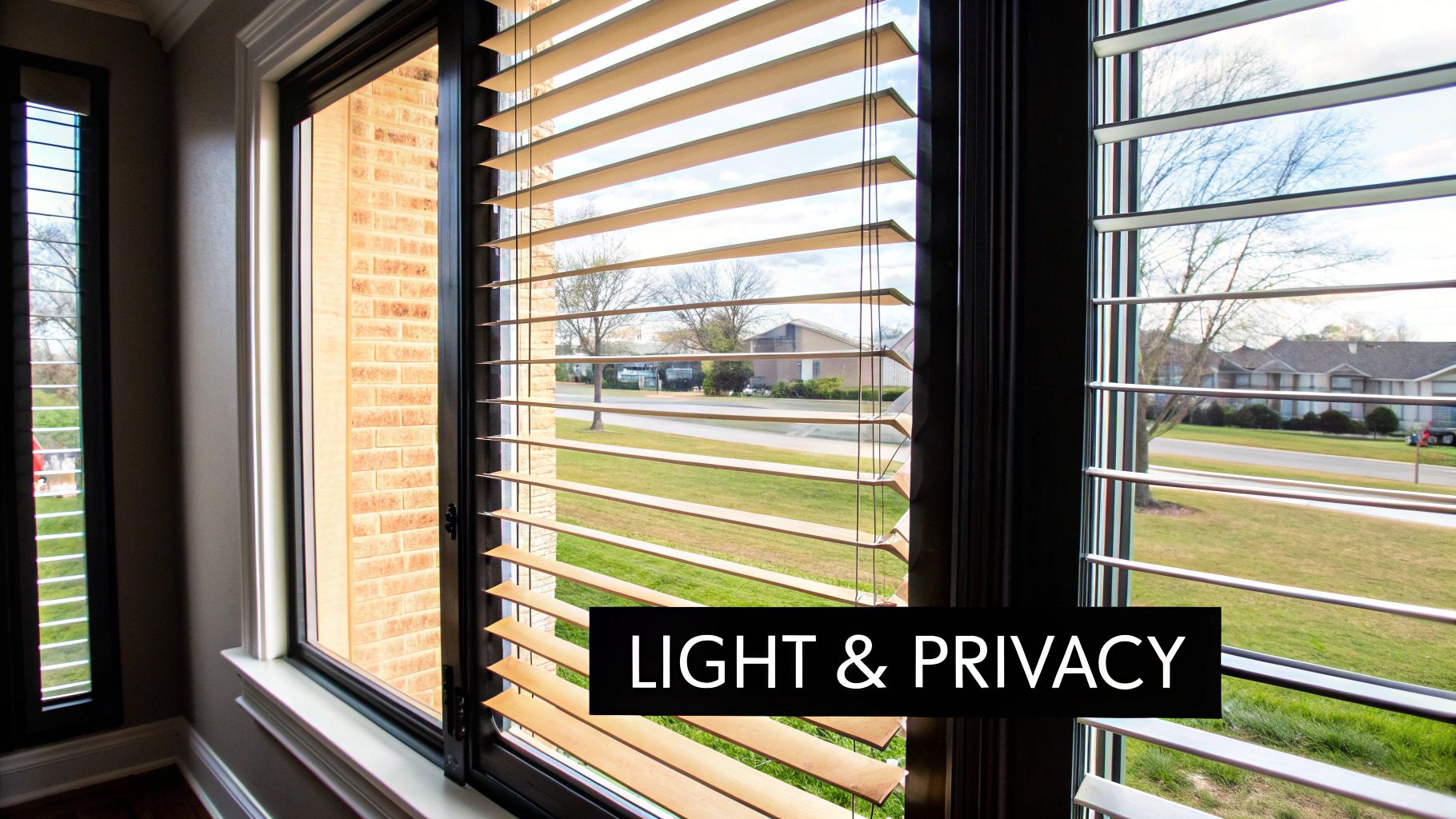 View from inside a room through partially opened wooden window shutters revealing a street and houses.