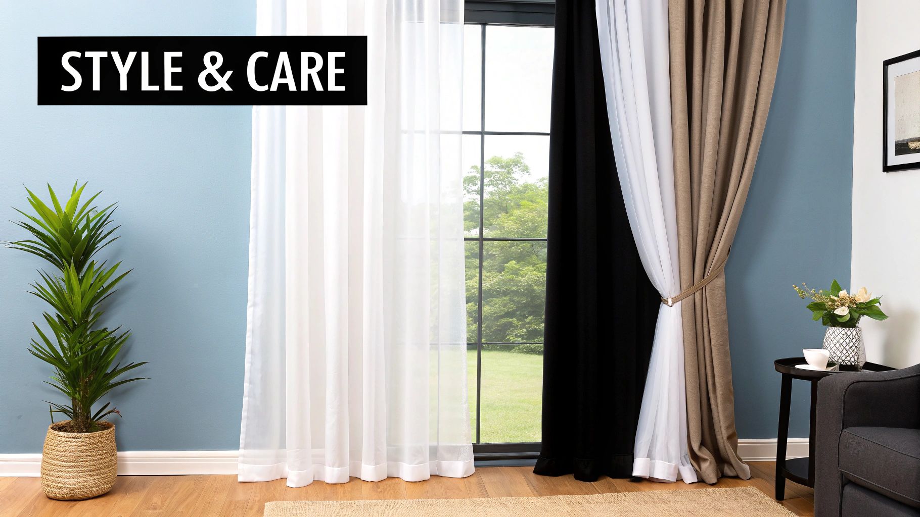 Modern living room with layered window treatments: sheer, blackout, and tied-back brown curtains, alongside a plant.