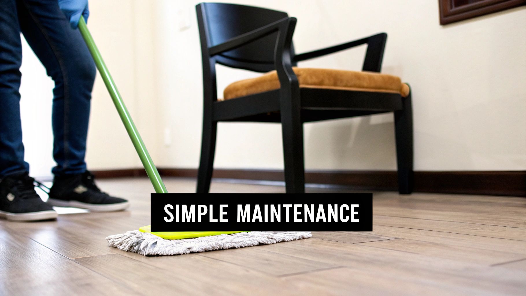 A person cleans a light wood floor with a green mop, near a black and orange chair.