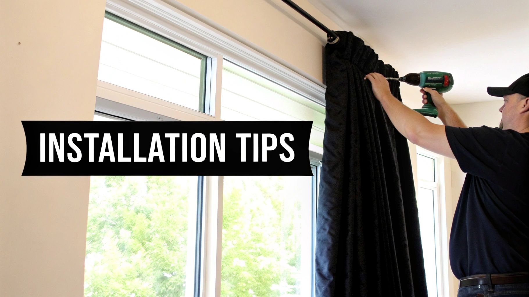 Two blackout curtain panels properly installed on a wide curtain rod, extending several inches beyond the window frame on all sides to prevent light leakage.