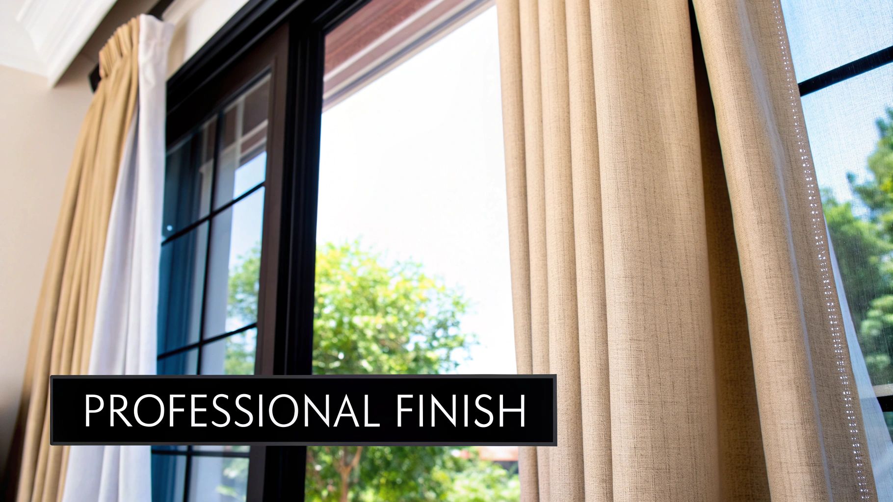 Beige curtains with a professional finish hang elegantly next to a window with outdoor greenery.