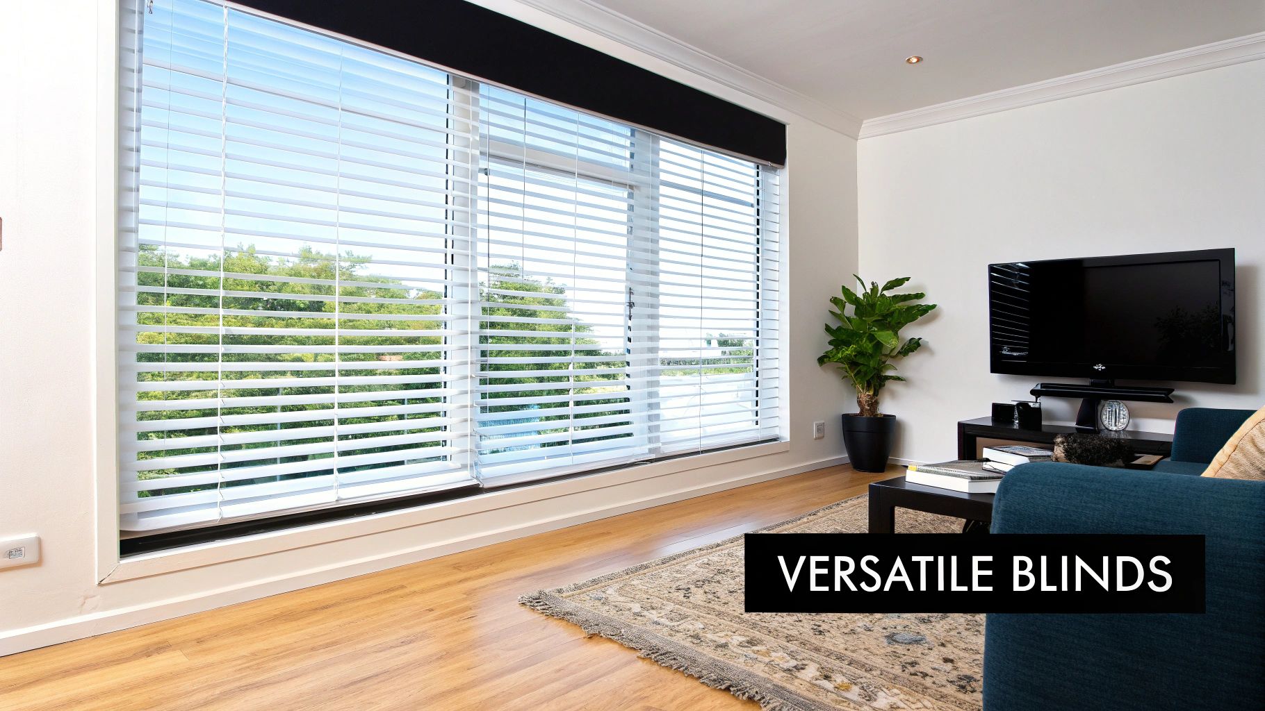 Modern living room featuring white versatile horizontal blinds covering large windows with adjustable slats