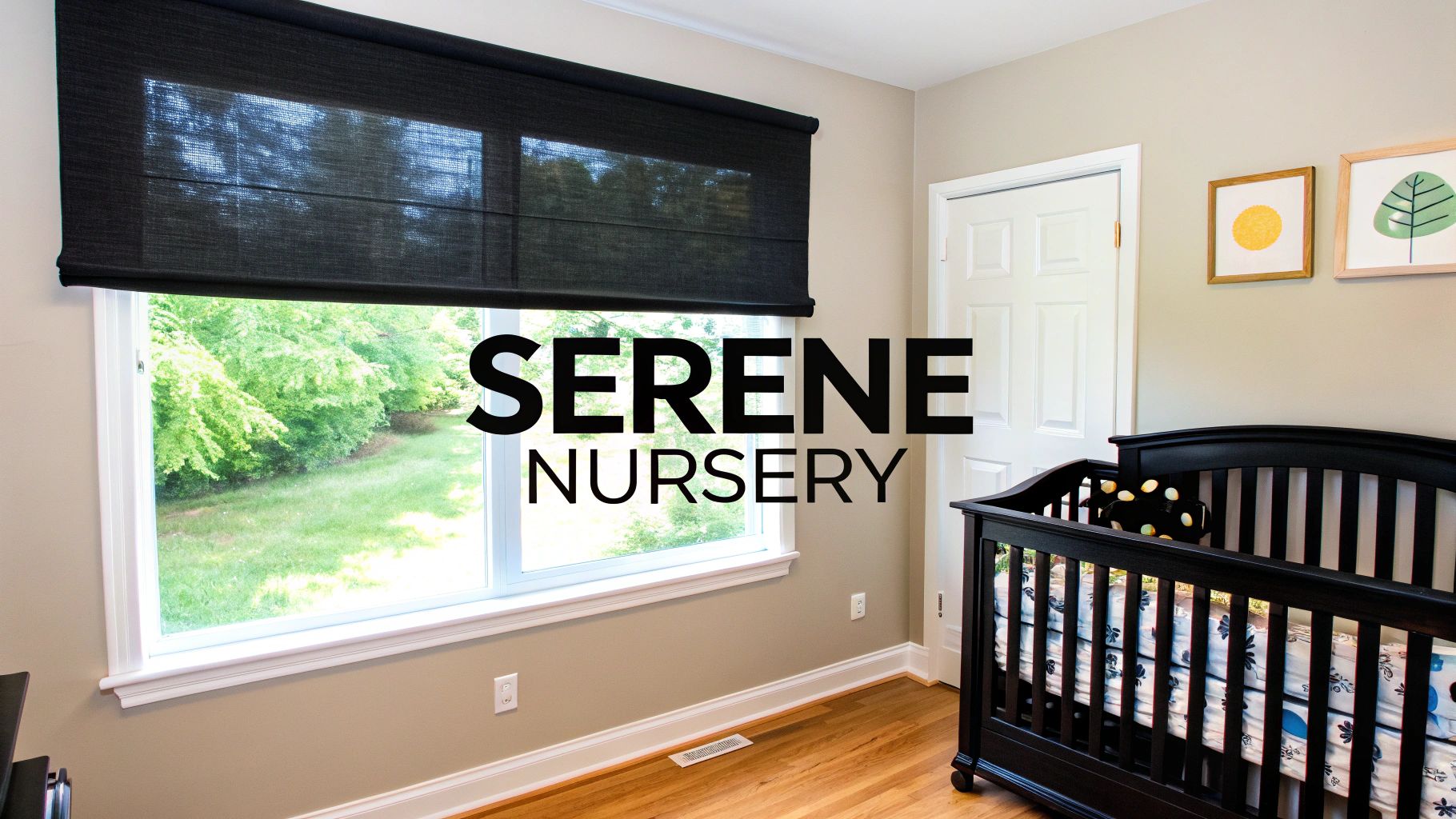 Soft, neutral-colored curtains and blinds in a beautifully decorated nursery, creating a calm and safe environment.