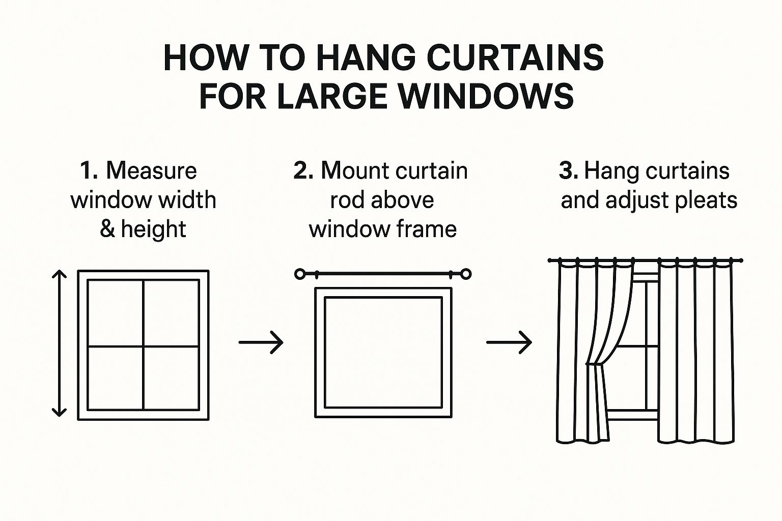 An infographic showing the three steps to hang big windows curtains: measure width plus stack back, calculate fullness, and determine length from high above the frame.