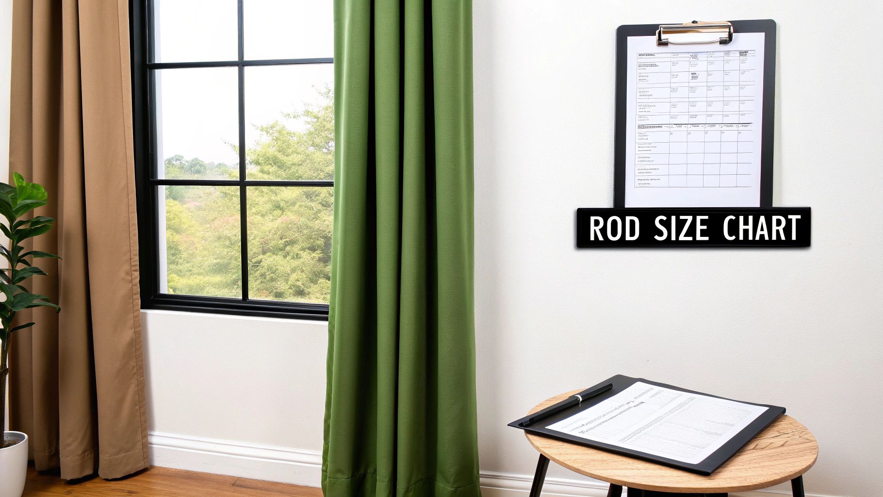 A cozy living room with properly sized curtains hanging from a decorative rod, illustrating the ideal overhang.