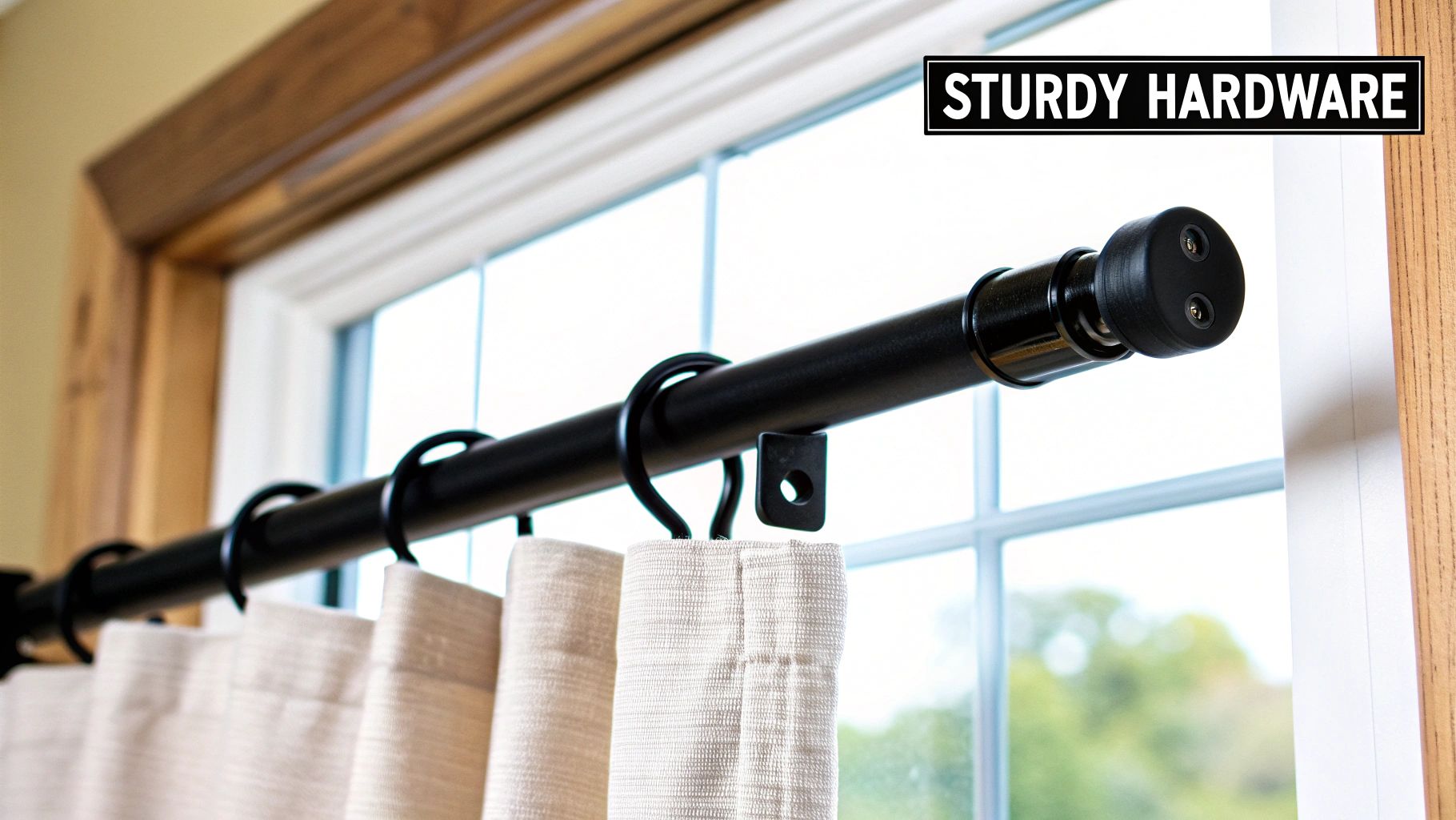 A close-up of a sturdy, stylish curtain rod with elegant finials, mounted high and wide above a large window.