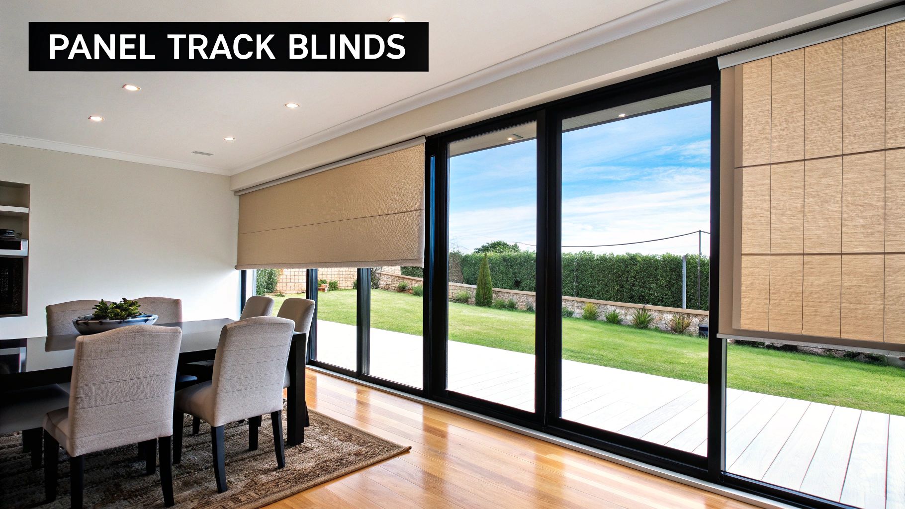 Modern panel track blinds in a neutral fabric covering a large sliding glass door.