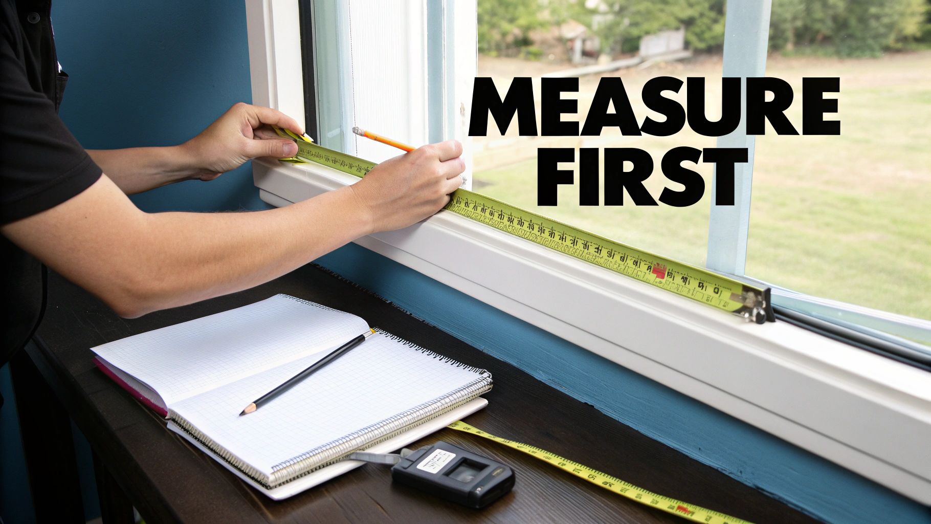A person's hands using a tape measure and pencil to measure a window sill, with a notebook nearby.