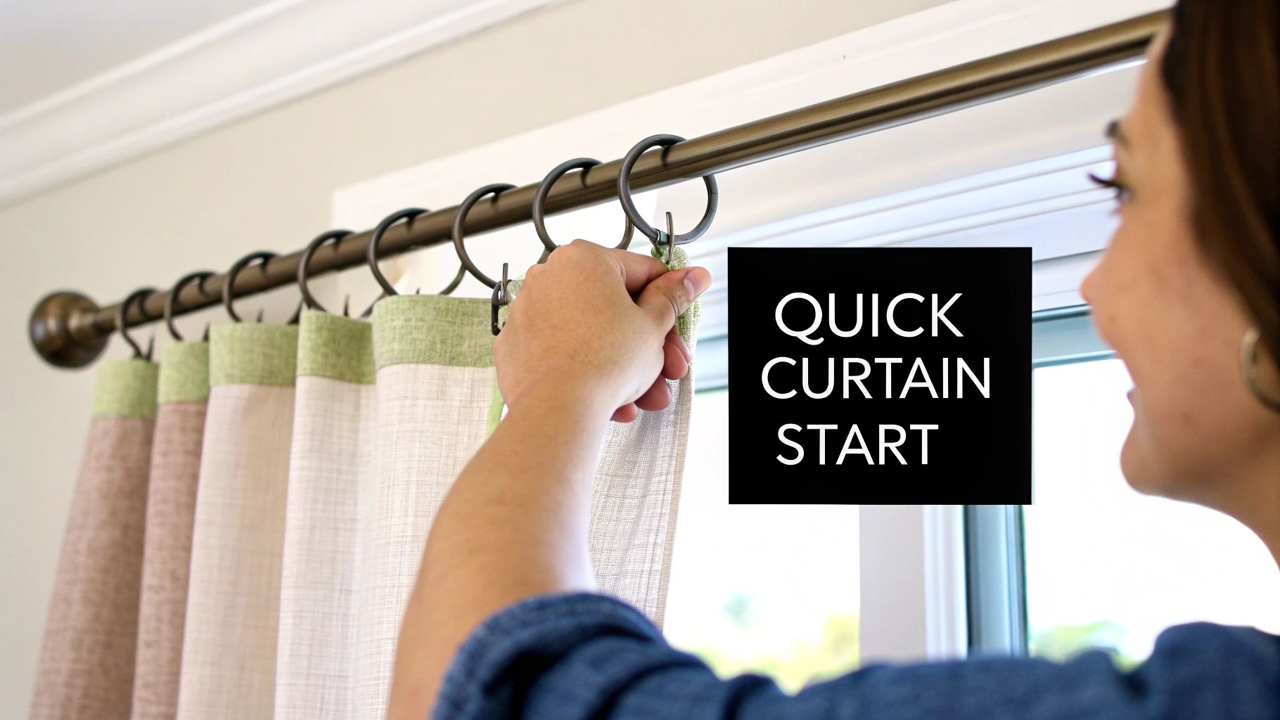A hand adjusting a colorful curtain with rings on a metal rod.