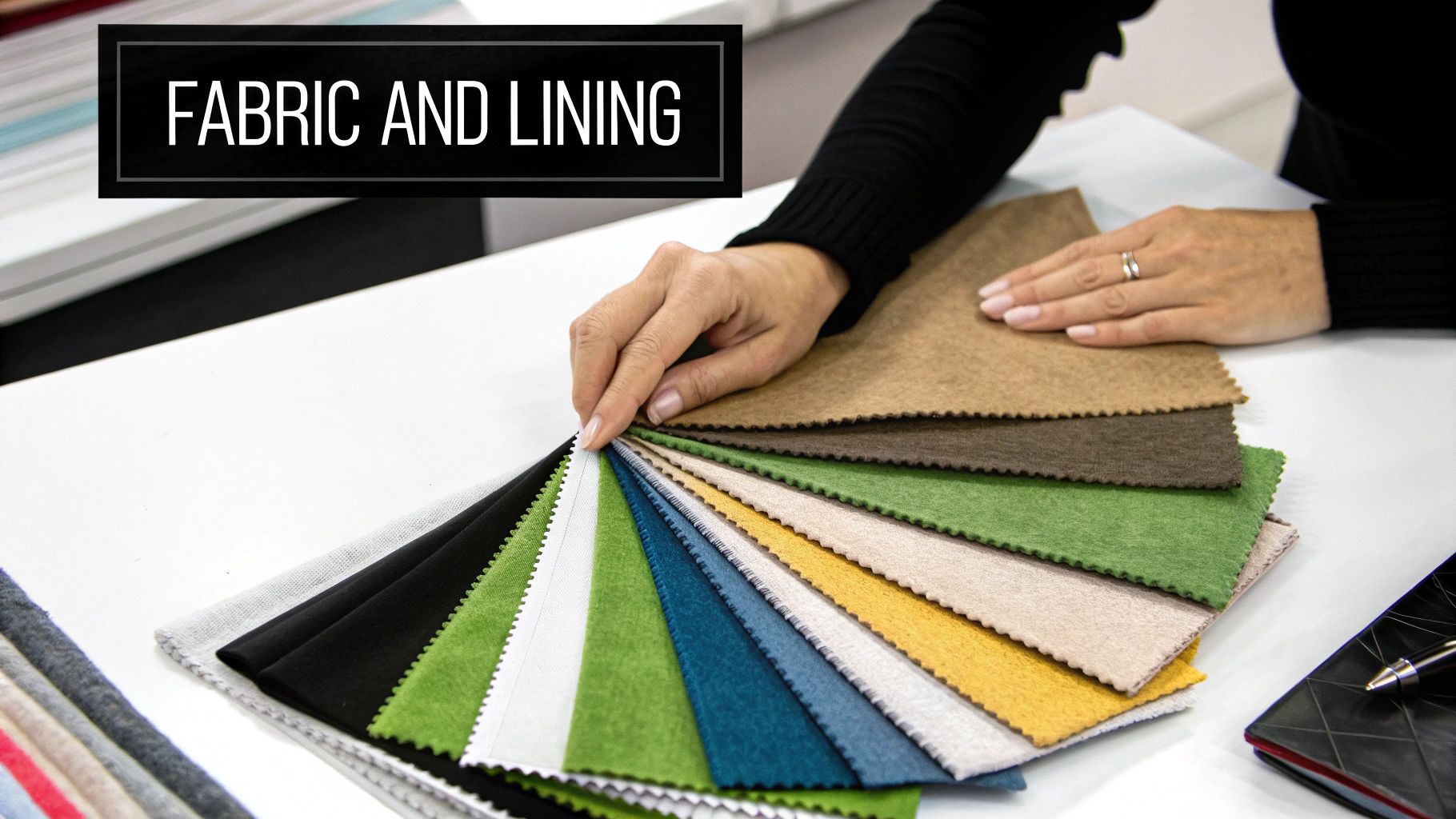 A person's hands sorting through a colorful fan of fabric and lining swatches on a white table.