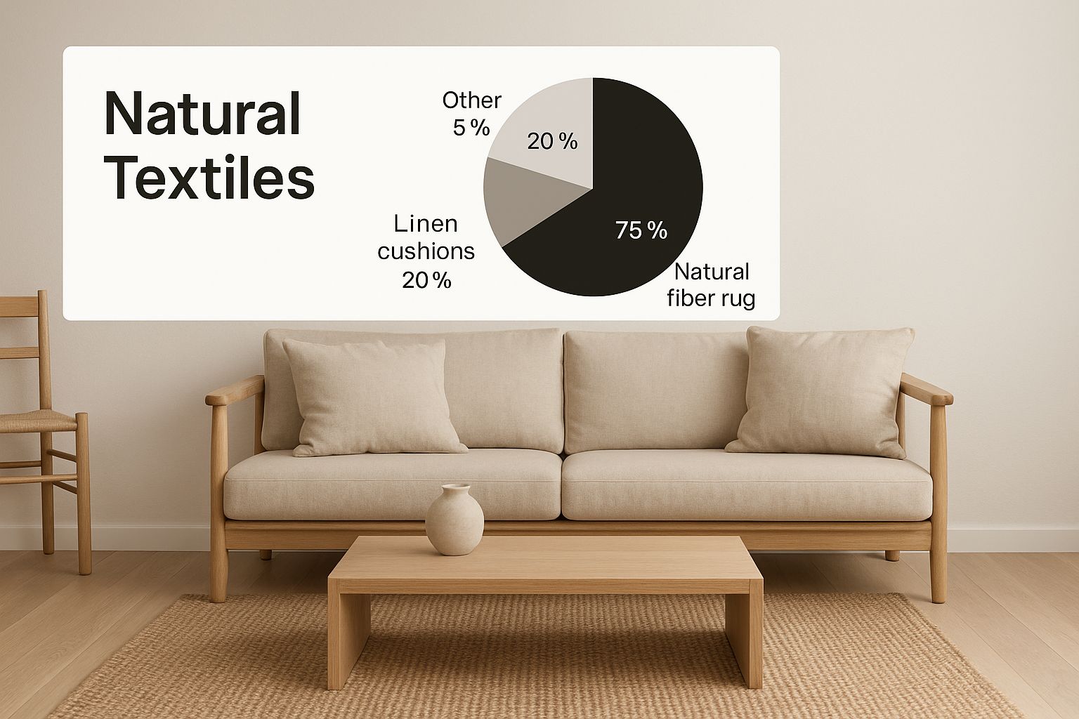 A cozy living room with natural light, featuring furniture made from light-colored wood and textiles made from organic materials, showcasing eco friendly home decor.