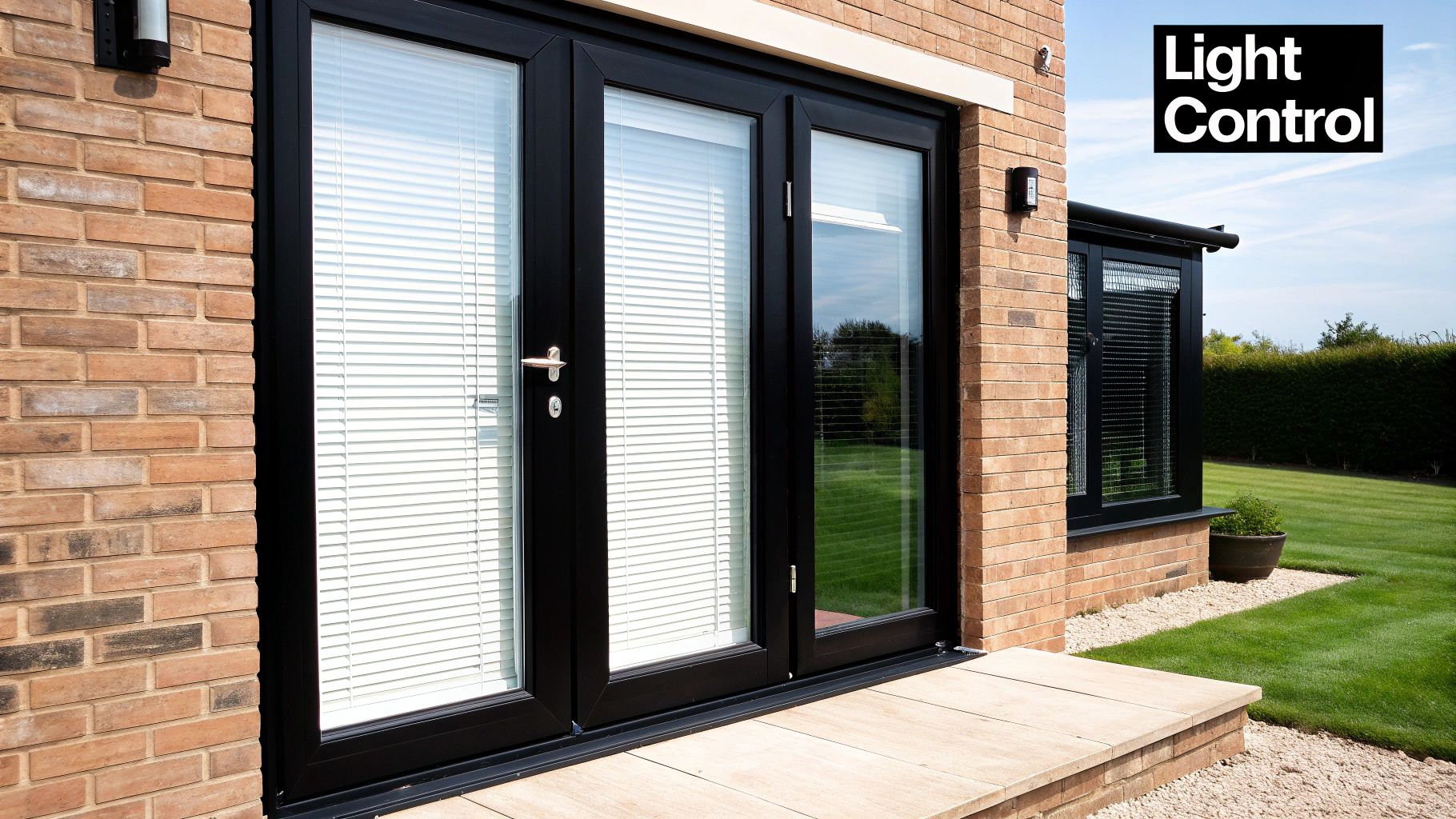 A set of white horizontal blinds fitted neatly onto the glass panes of a white French door, with hold-down brackets securing the bottom.