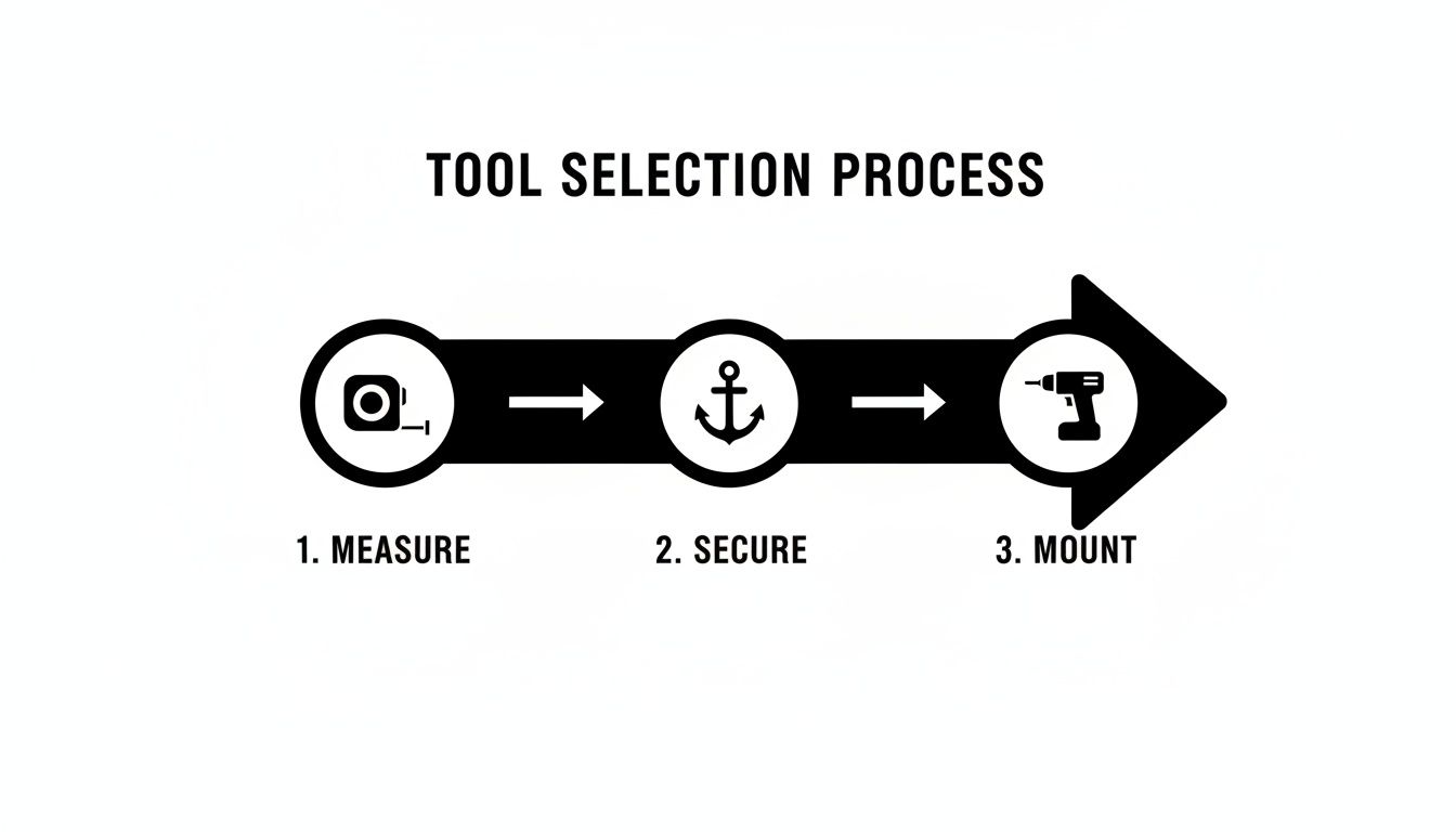 Diagram showing tool selection process: Measure, Secure, Mount, with icons for each step.