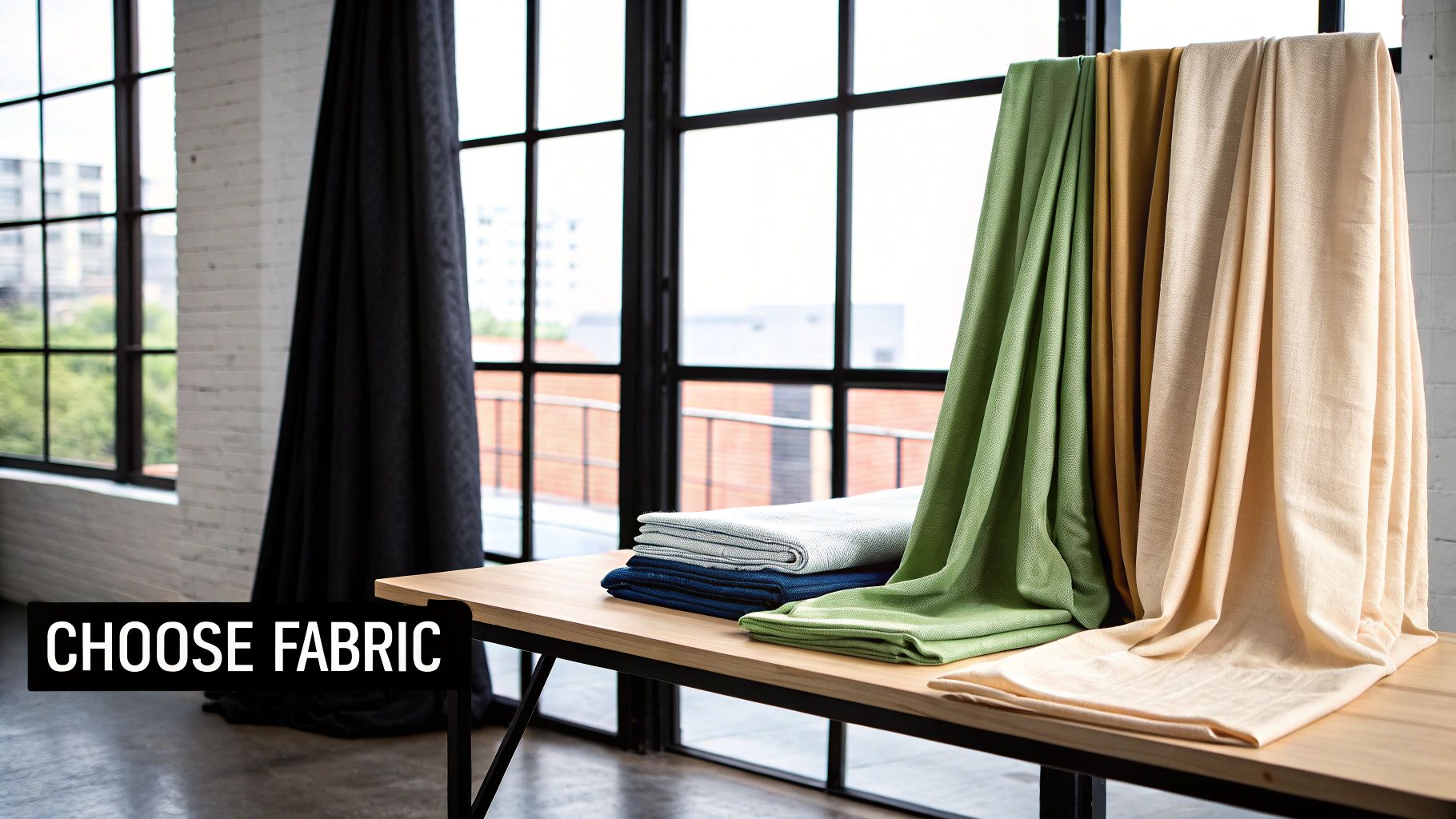 Woman choosing between different fabric swatches for her large window curtains.