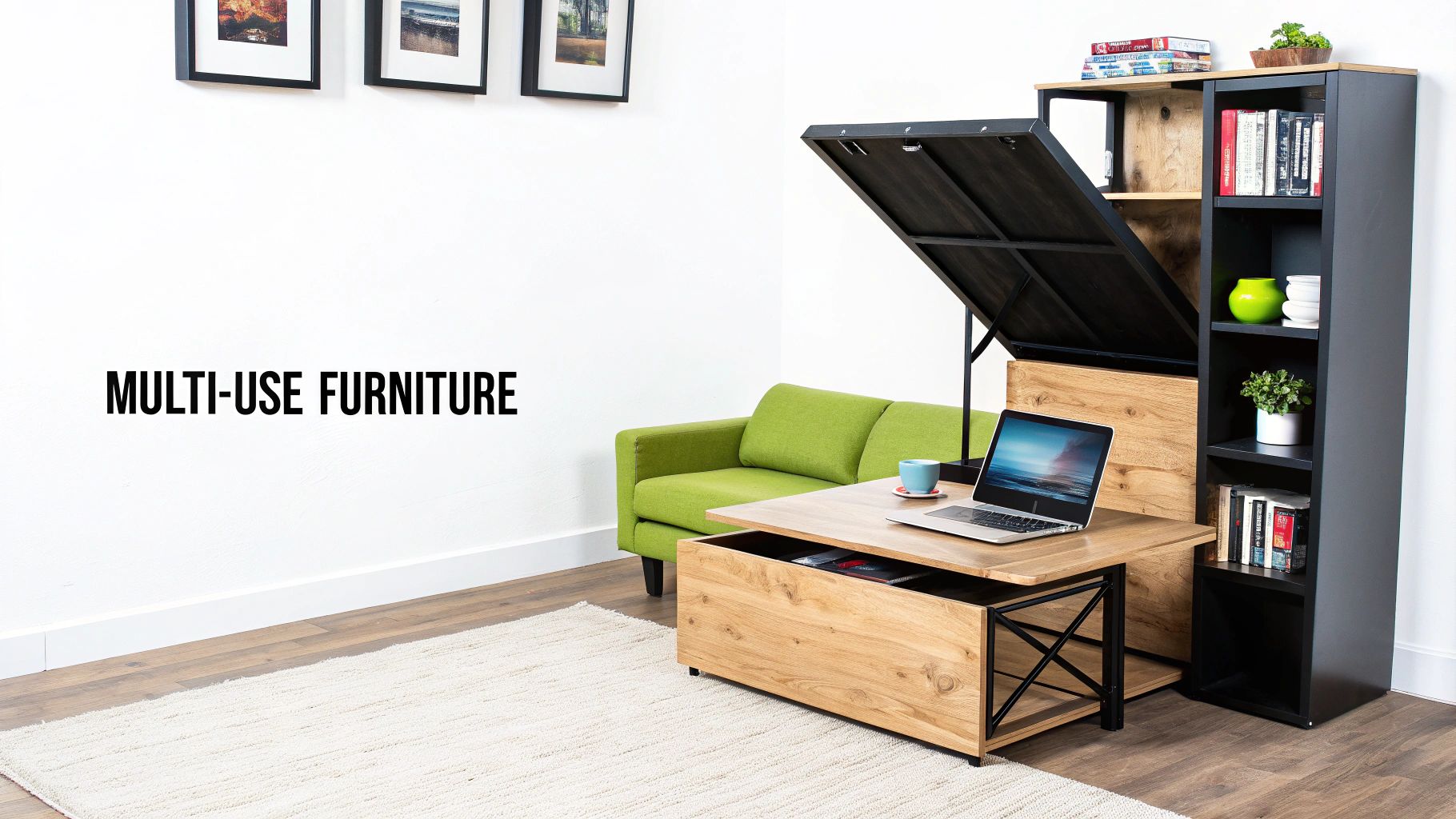 A modern small living room featuring a multi-functional sofa bed and a storage ottoman, demonstrating efficient use of space.