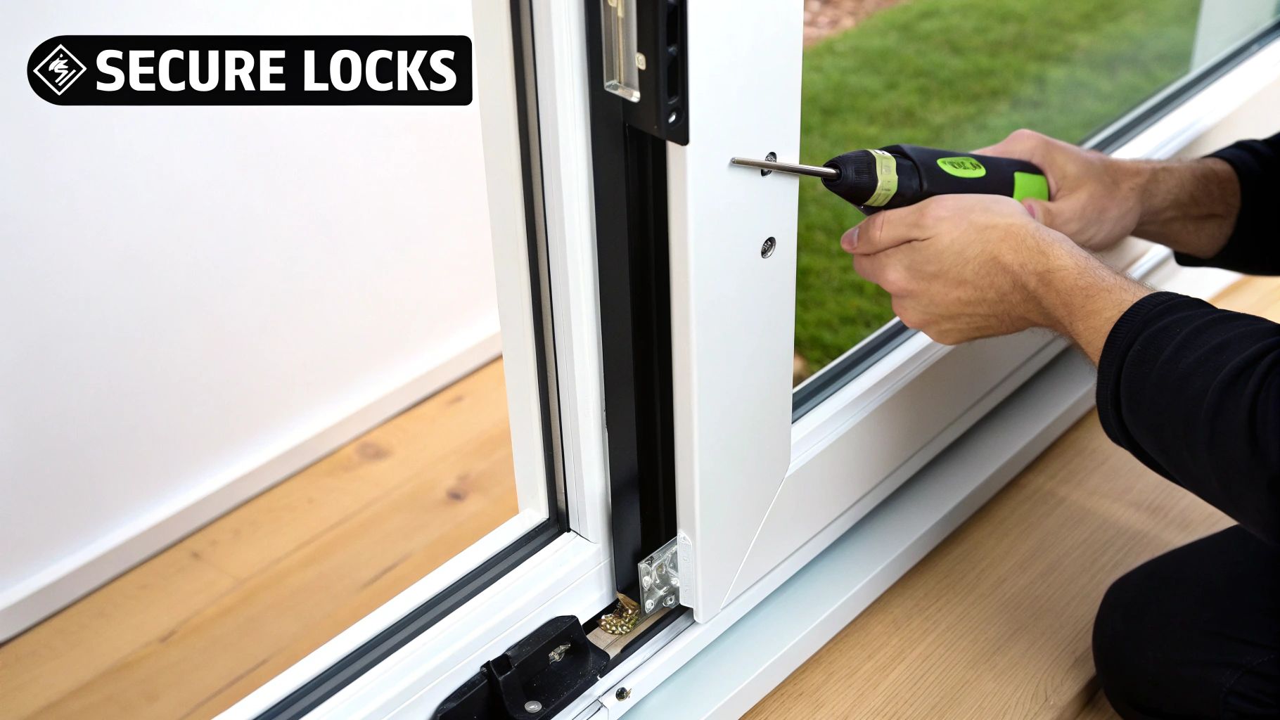 A close-up of a keyed window lock installed on a white vinyl window frame for added child safety.