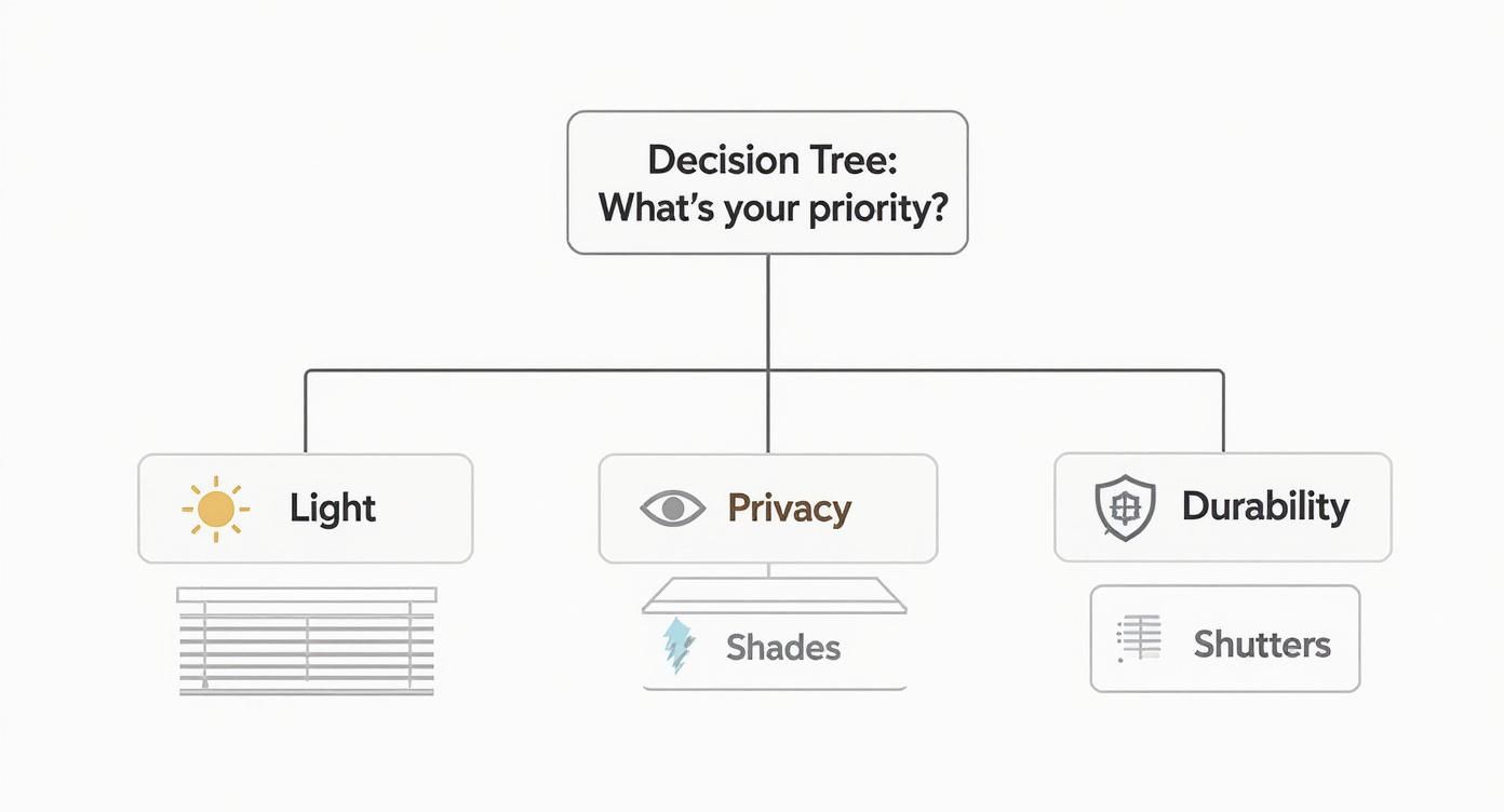 Decision tree diagram showing three window treatment options: blinds for light, shades for privacy, shutters for durability