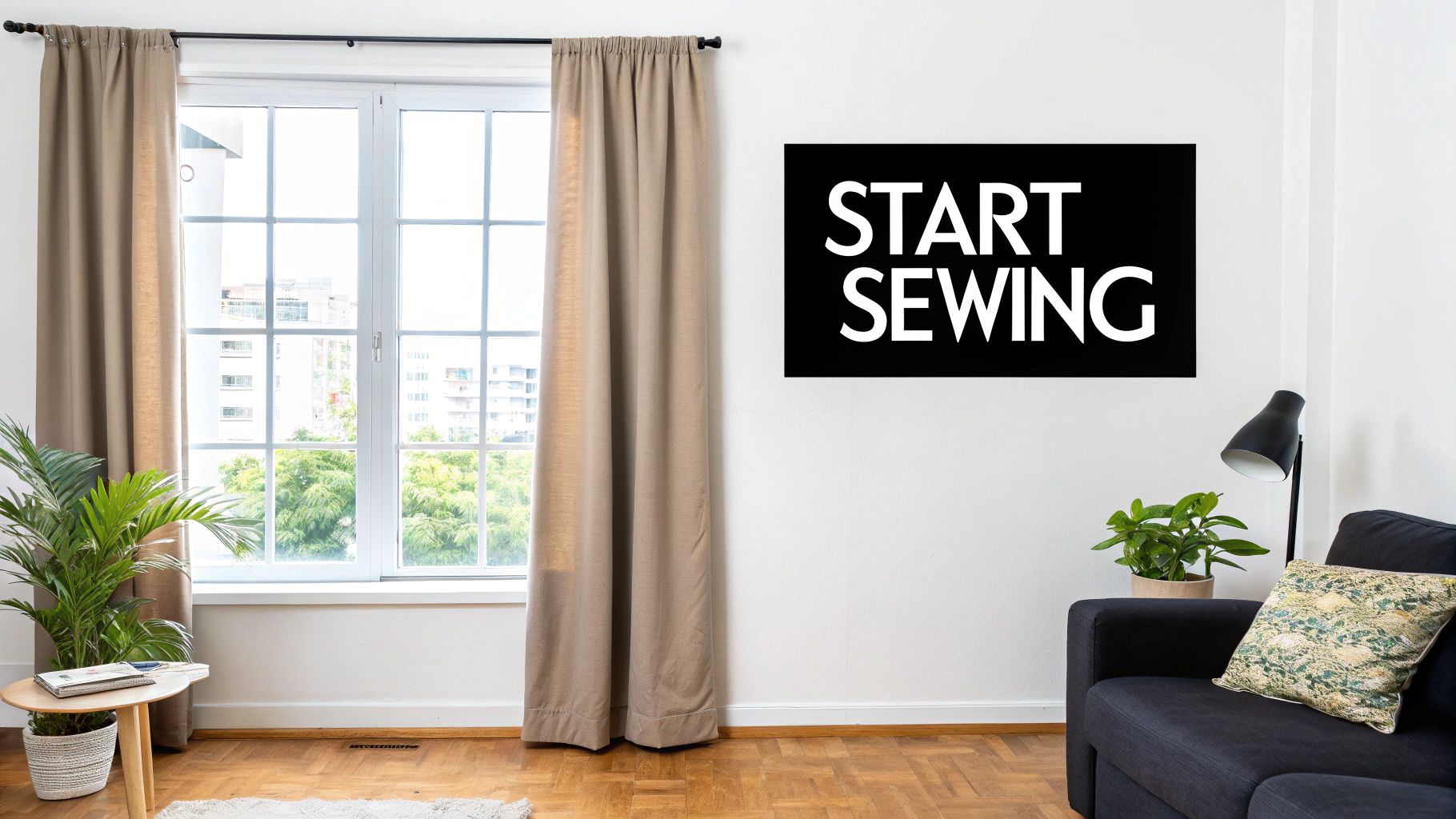 Woman sewing a white pleated curtain with a sewing machine.