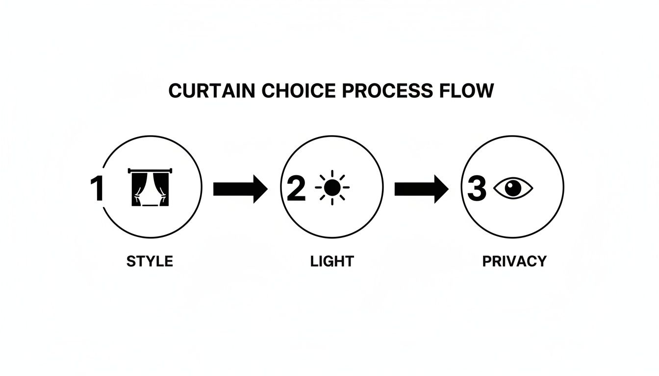 Flowchart showing three steps for choosing curtains: style, light control, and privacy.