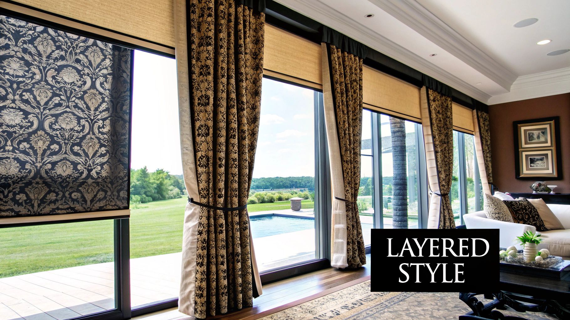Layered Treatment with Curtains and Shades