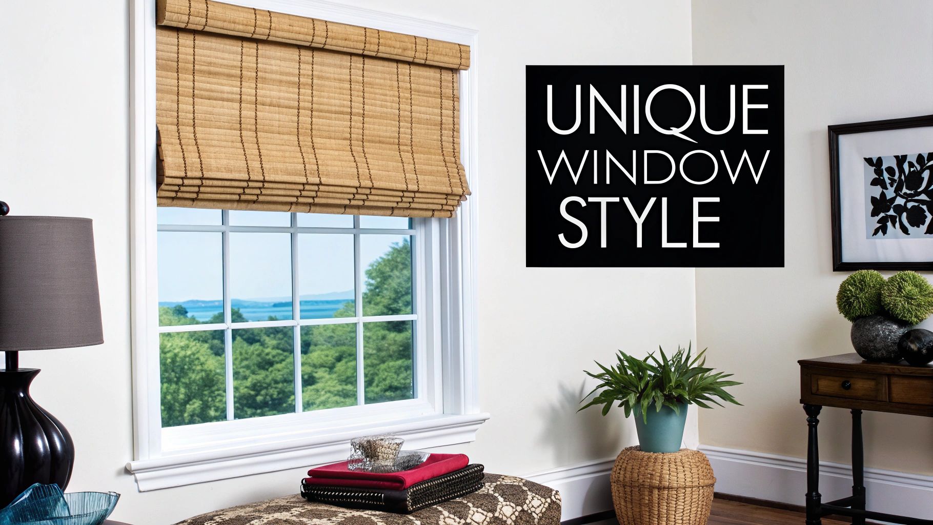 A room featuring a window with natural bamboo blinds, a lamp, a cushioned bench, and plants.