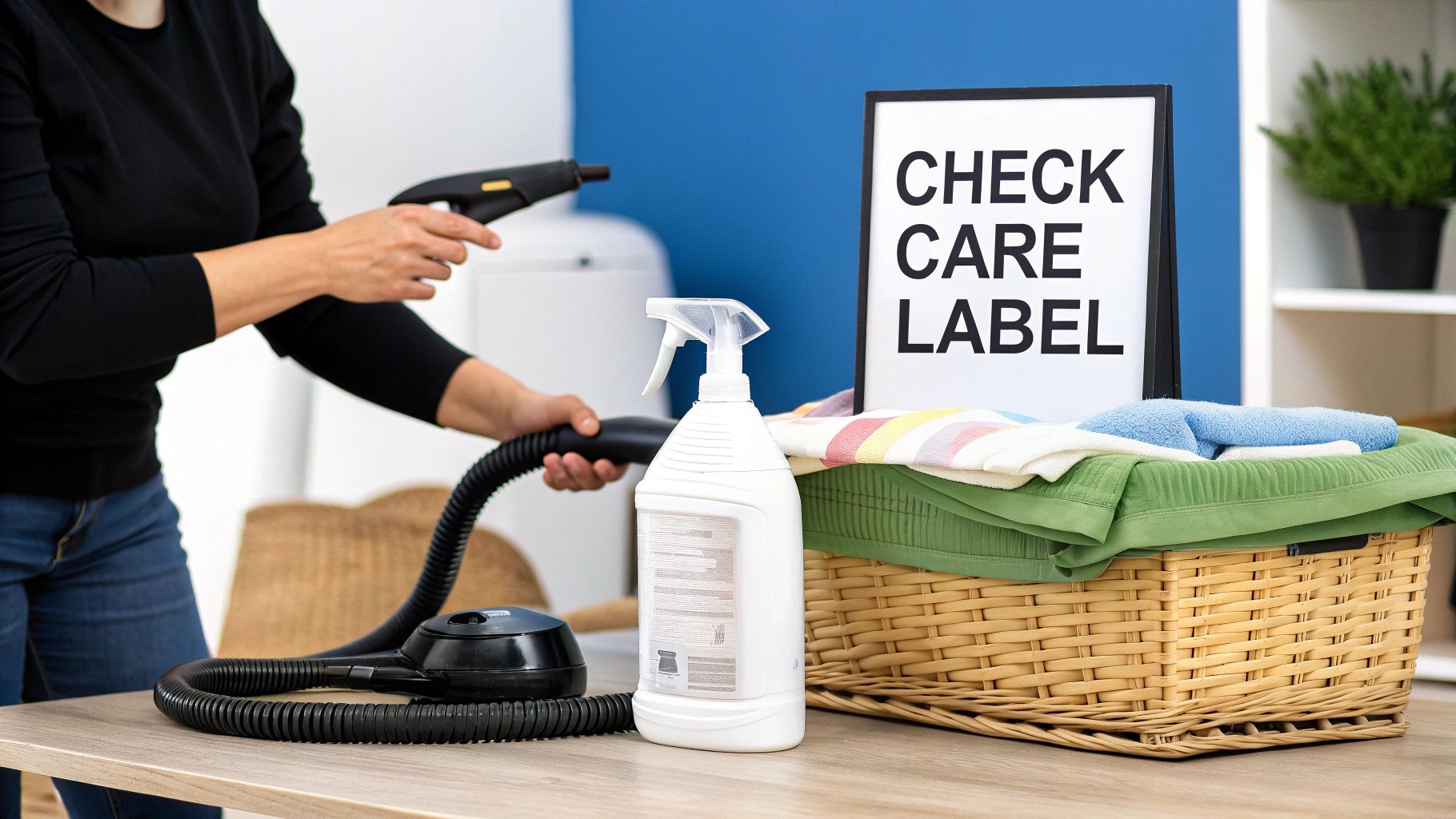 A person steam cleaning clothes on a table with a laundry basket and 'CHECK CARE LABEL' sign.