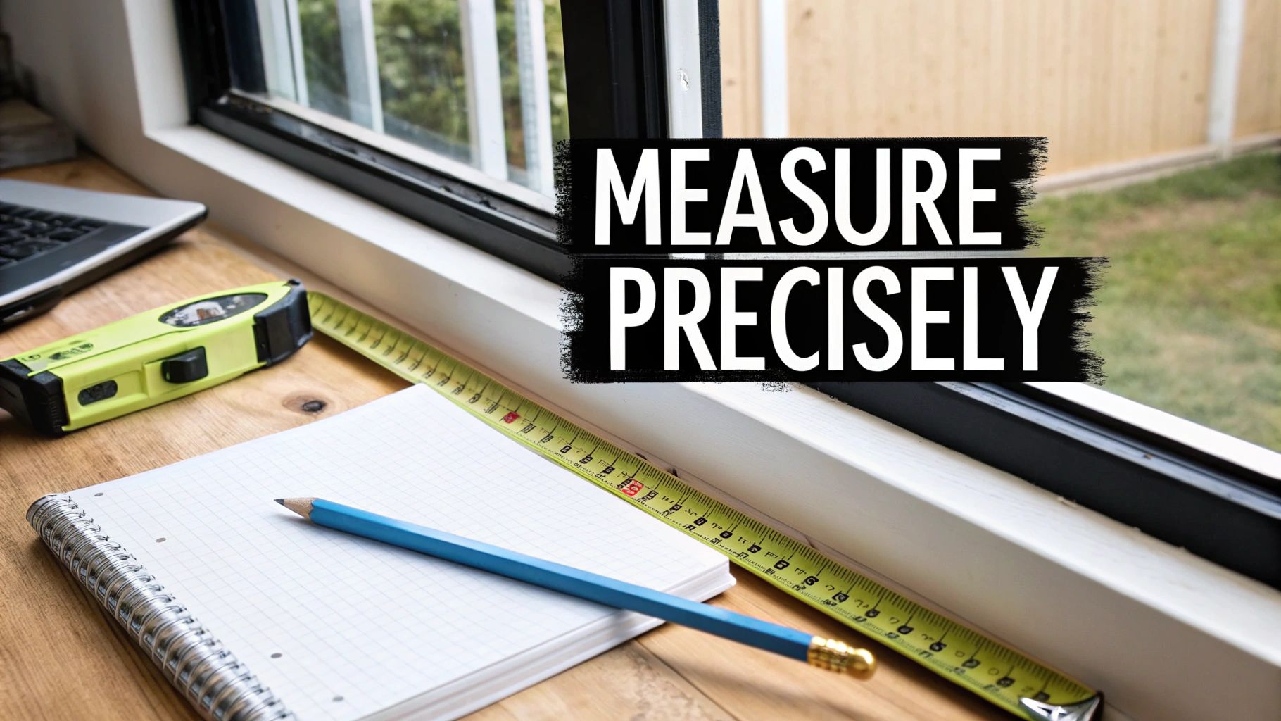 A wooden desk by a window with a laptop, tape measure, level, notepad, and pencil for measuring a window before installing roman shades. Text: 'MEASURE PRECISELY'.