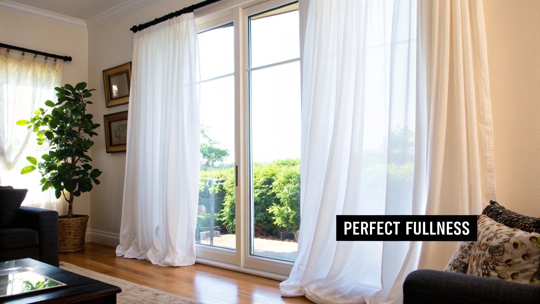 White sheer curtains hanging full length on black rod beside glass doors in bright living room
