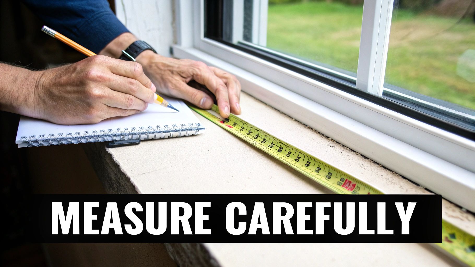 Hands carefully measuring a window with a tape measure and writing on a notepad.