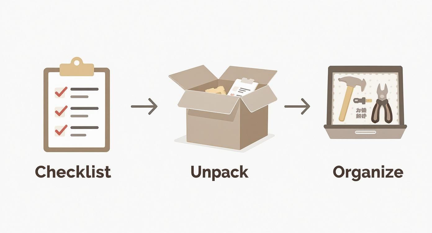 A three-step diagram illustrating a workflow: checklist, unpacking a box, and organizing tools on a laptop, demonstrating the setup process for roman shade installation.