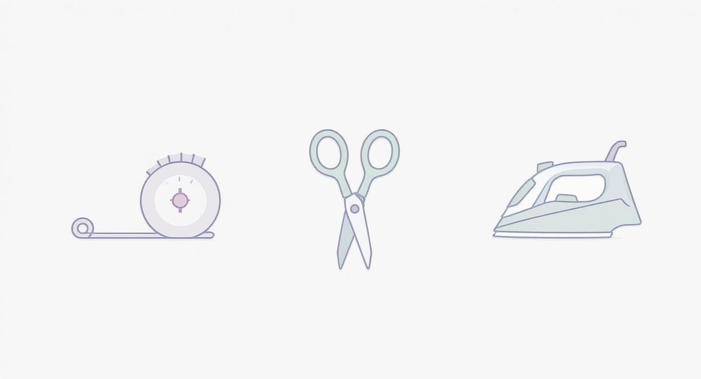 A measuring tape, a pair of scissors, and a steam iron arranged on a white background.
