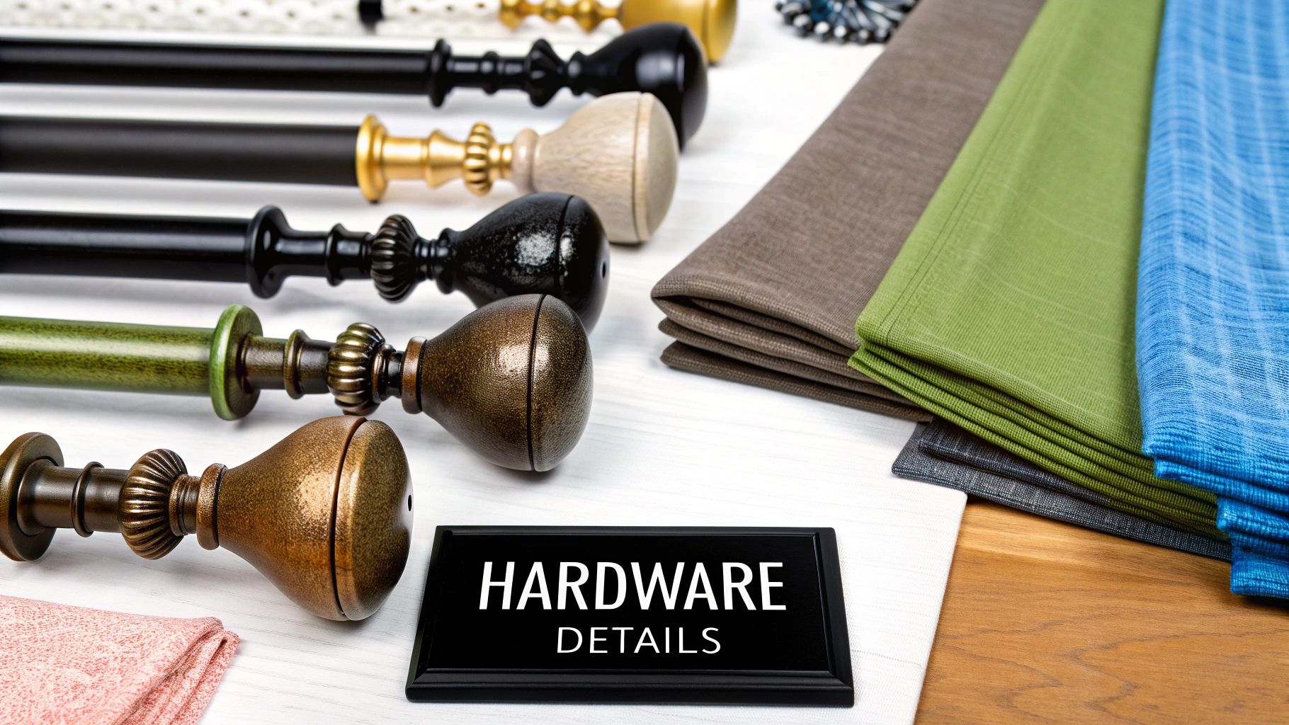 A person touching and examining different drapery fabric swatches in a home decor store.